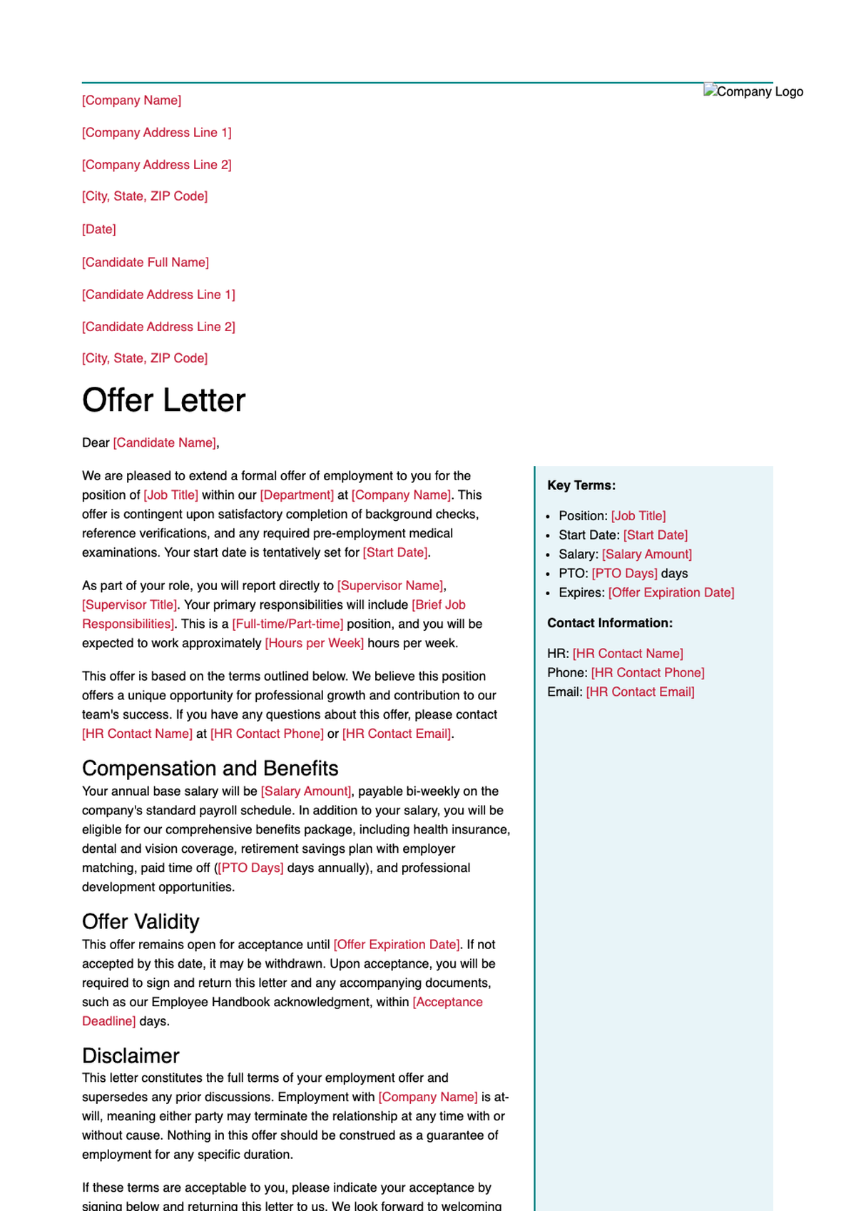 Professional job offer letter template with acceptance signature sections_variant_1